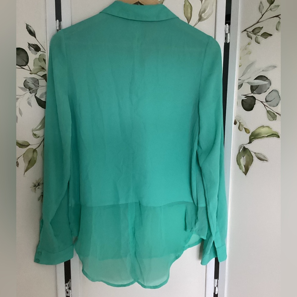 Candie’s blouse L sheer turquoise green EUC bejeweled collar long sleeve - Picture 6 of 7